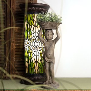 LumiLamp 5LL-5539 Kolumna Tiffany Ø 31x78 cm Kwiaty z zielonego białego szkła Okrągła