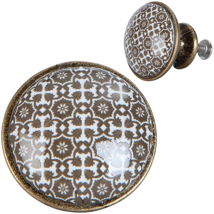 Clayre & Eef 63423 Gałka do drzwi Ø 2 cm Brown White Ceramic Flowers Round