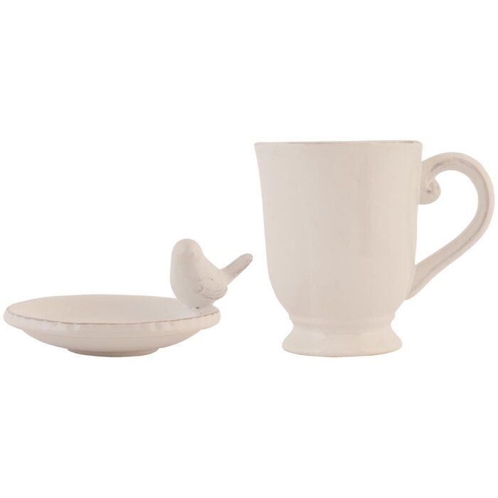 Clayre & Eef 6CE0373 Zestaw kubek i spodek 300 ml Beżowy Ceramiczny Okrągły Ptaki