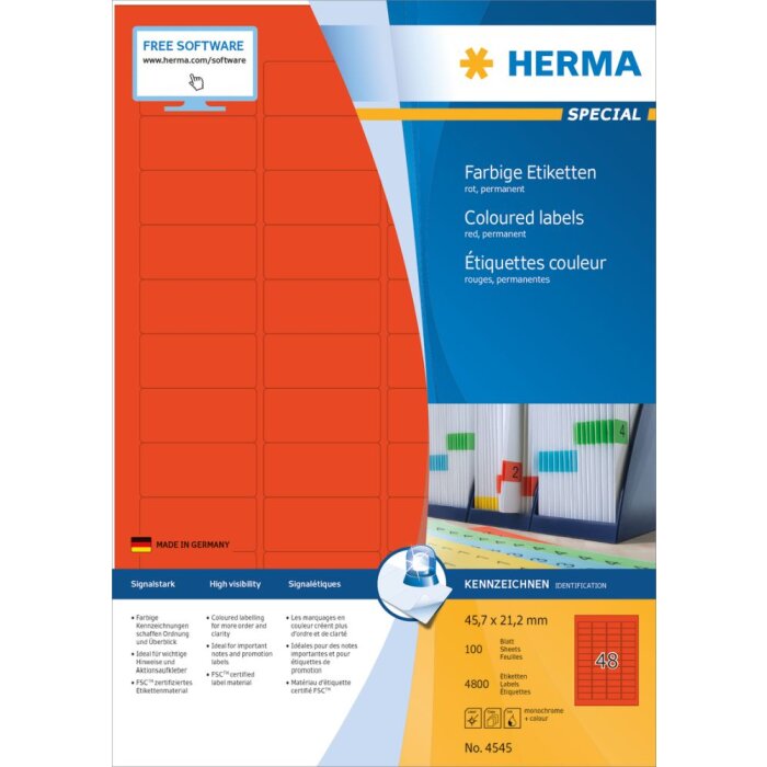 Herma specjalne kolorowe etykiety a4, 45,7 x 21,2 mm, czerwone, klej permanentny