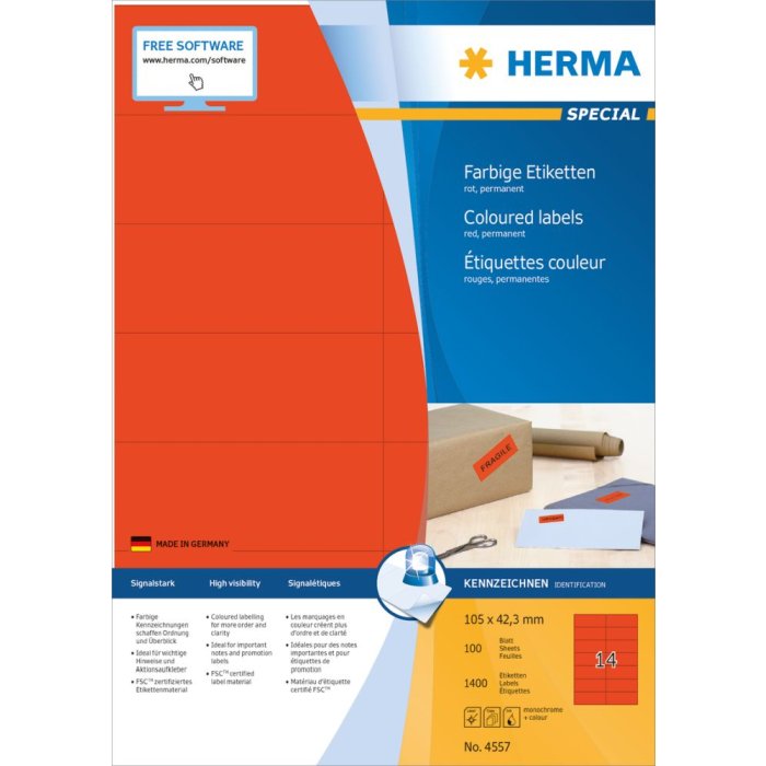 Herma specjalne kolorowe etykiety a4, 105 x 42,3 mm, czerwone, klej permanentny