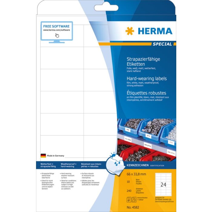 Herma specjalne etykiety foliowe odporne na warunki atmosferyczne a4, 66 x 33,8 mm, biale, wyjatkowo mocna przyczepnosc