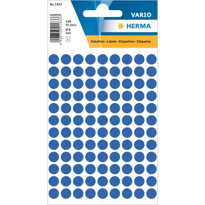 Etykiety uniwersalne niebieskie ø 8 mm okragle papier mat 540 szt.