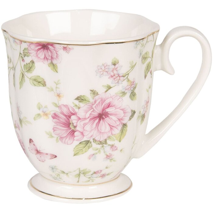 Clayre & Eef 6CEMU0059 Kubek 200 ml Beżowo-różowy Porcelana Kwiaty Złoto