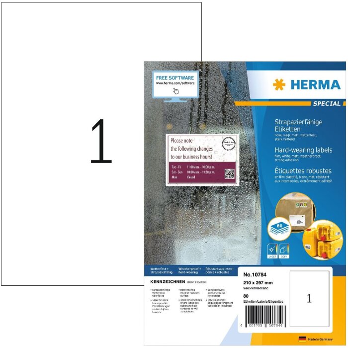 HERMA 10784 Etykiety foliowe odporne na warunki atmosferyczne A4 210x297mm białe, mocny klej