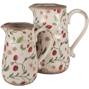 Clayre & Eef 6CE1633L Dzbanek dekoracyjny beżowo-czerwony ceramiczny 21x15x23 cm styl wiejski