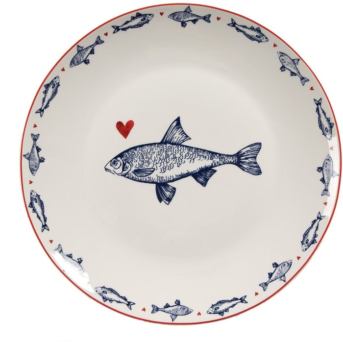 Clayre & Eef talerz obiadowy SSFDP biało-niebieski motyw ryby Ø 20x2 cm porcelana