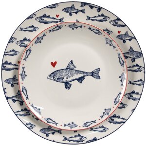 Clayre & Eef talerz obiadowy SSFDP biało-niebieski motyw ryby Ø 20x2 cm porcelana