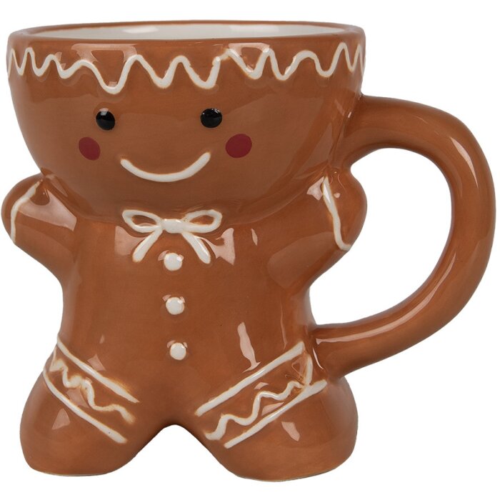 Clayre & Eef Kubek Piernikowy ludzik 325 ml Brązowy kubek ceramiczny Boże Narodzenie