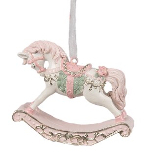 Clayre & Eef 6PR4224 Dekoracyjny wiszący bujany koń różowy 8x2x7 cm Boże Narodzenie