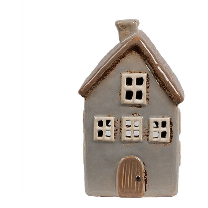 Clayre & Eef 6CE1890 Teelichthalter Haus Keramik Grau Braun 9x9x16 cm
