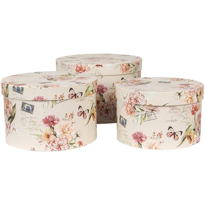 Clayre & Eef 66005 Zestaw pudełek na kapelusze 3 elementy kwiatowy wzór beżowy Ø24/22/21 cm