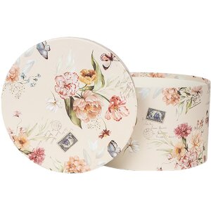 Clayre & Eef 66005 Zestaw pudełek na kapelusze 3 elementy kwiatowy wzór beżowy Ø24/22/21 cm