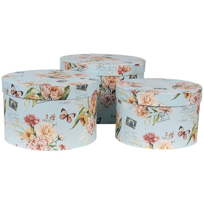 Clayre & Eef 66006 Pudełko na kapelusze Zestaw 3 sztuk Niebieski kwiatowy wzór Ø 24/22/21 cm