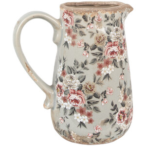 Clayre & Eef 6CE1965M Ceramiczny dzbanek szare różowe kwiaty 16x12x18 cm styl country