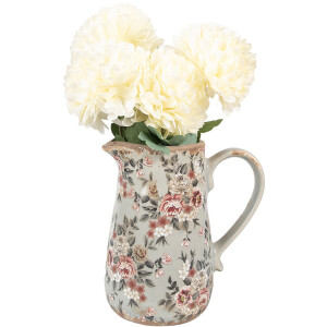 Clayre & Eef 6CE1965M Ceramiczny dzbanek szare różowe kwiaty 16x12x18 cm styl country