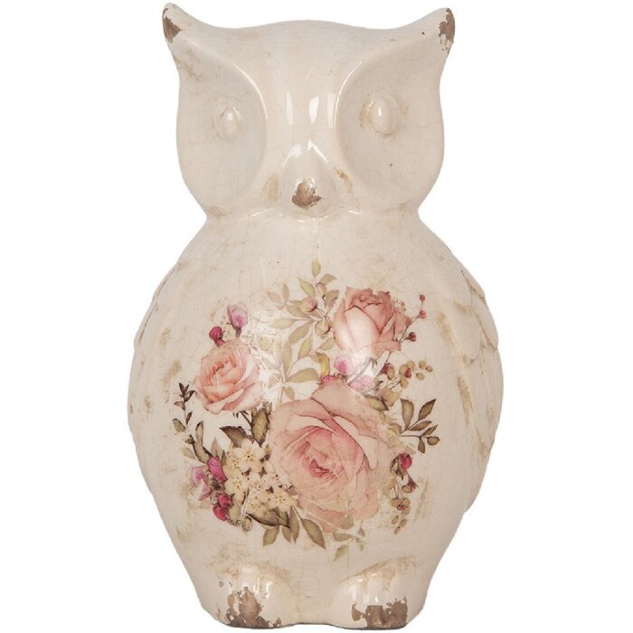 Clayre & Eef 6CE1961L Sowa dekoracyjna ceramiczna beżowo-różowa 13x12x22 cm