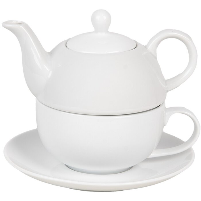 Clayre & Eef 6CETEFO0001 Zestaw do herbaty dla jednej osoby Biała ceramika w stylu wiejskim 350 ml 250 ml