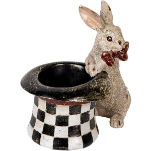 Clayre & Eef 6PR5492 Dekoracyjny królik z kapeluszem beżowo-czarny 25x16x23 cm