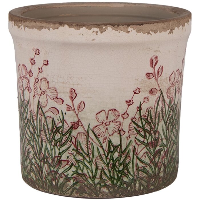 Clayre & Eef 6CE2017S Doniczka ceramiczna beżowo-zielona Ø 13x12 cm styl wiejski