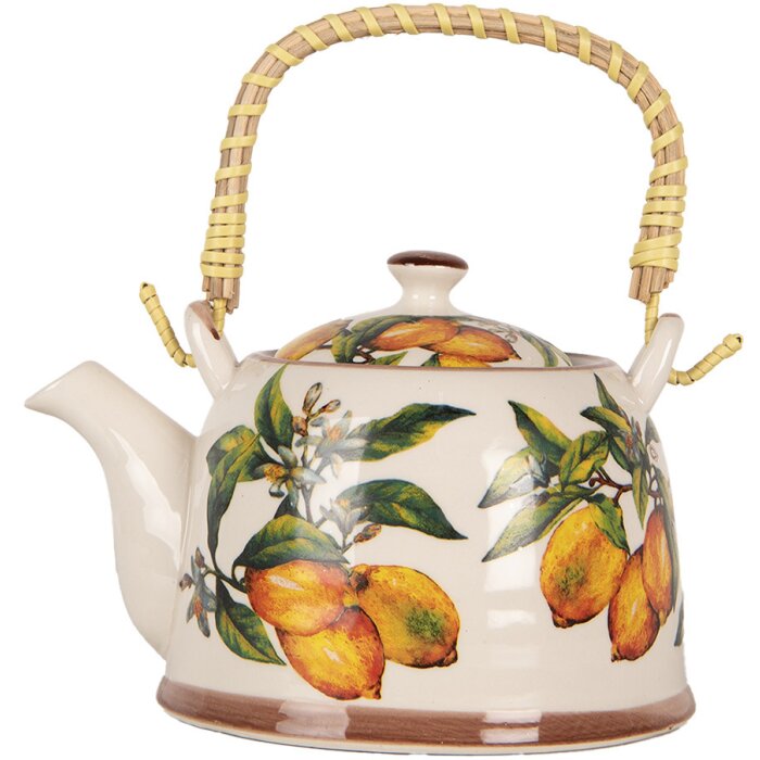 Clayre & Eef 6CETE0174 Czajniczek ceramiczny biały żółty 800 ml Retro