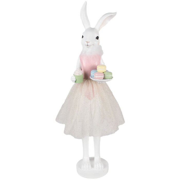 Clayre & Eef Dekoracja Królik Biały Różowy 20x17x76 cm Poliresinowa dekoracja wielkanocna