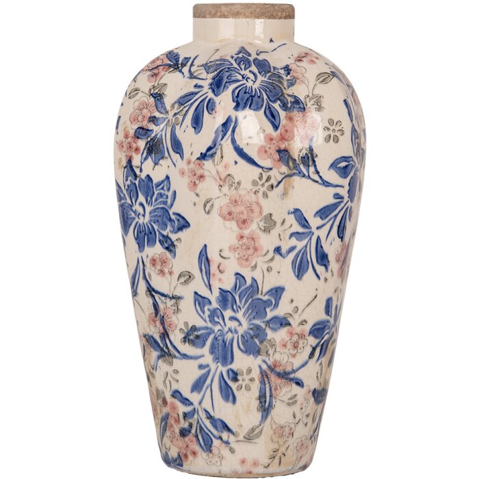 Clayre & Eef 6CE1935S Wazon w stylu wiejskim beżowo-niebieski Ø17x30 cm ceramiczny