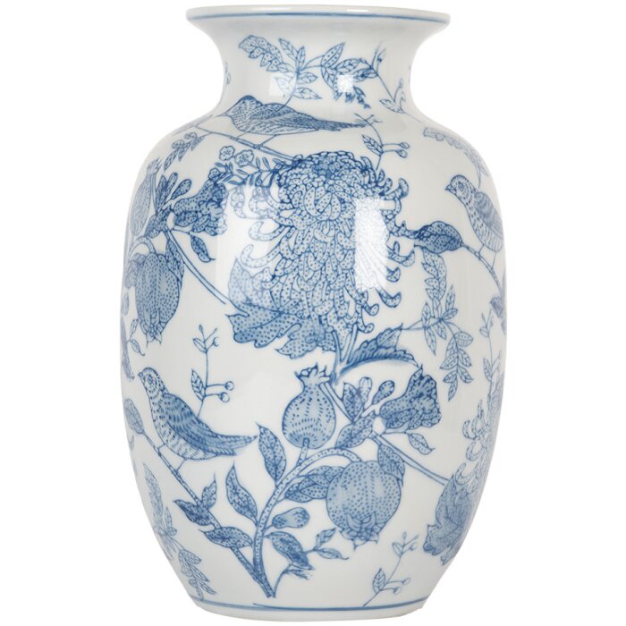 Clayre & Eef 6CE2100 Wazon Biały Niebieski Ø 14x23 cm Ceramiczny z wzorem