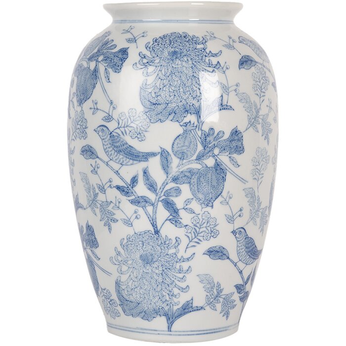 Clayre & Eef 6CE2102 Wazon ceramiczny biało-niebieski Ø 17x27 cm styl botaniczny