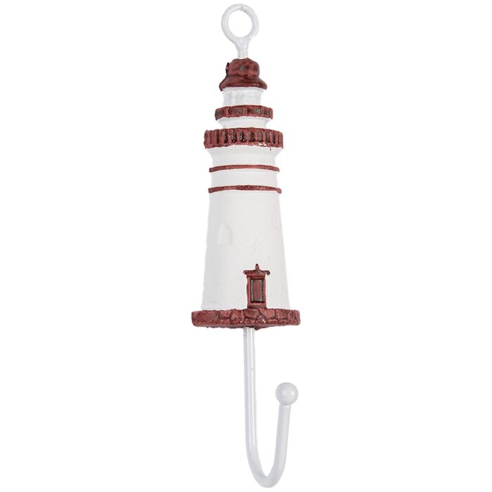 Clayre & Eef 66070R Hak ścienny latarnia morska drewno metal biały czerwony 4x4x18 cm