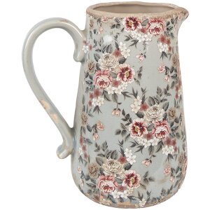 Clayre & Eef dzbanek dekoracyjny ceramiczny szary różowe kwiaty 21x15x23 cm styl country