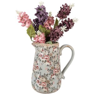 Clayre & Eef dzbanek dekoracyjny ceramiczny szary różowe kwiaty 21x15x23 cm styl country