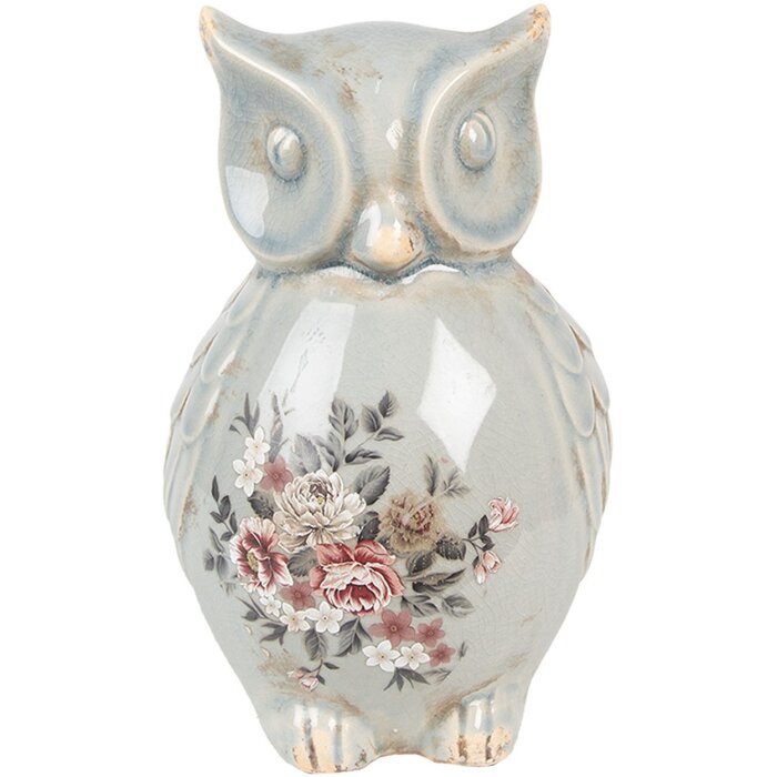 Clayre & Eef Sowa dekoracyjna ceramiczna szaro-różowa 13x12x22 cm styl wiejski vintage