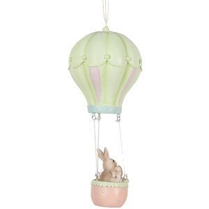 Clayre & Eef Dekoracyjny wisiorek królik balon na gorące powietrze beżowo-zielony Ø14x34cm
