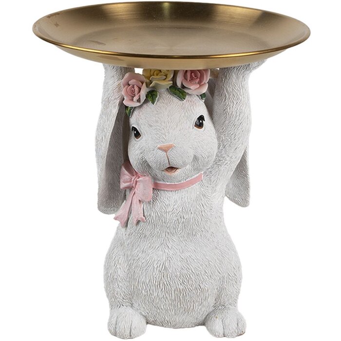 Clayre & Eef Dekoracja Królik z miską białe złoto Ø 21 cm polyresin