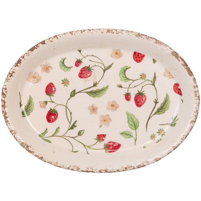 Clayre & Eef Talerz dekoracyjny 25x18x3 cm Beżowo-czerwony z motywem truskawek