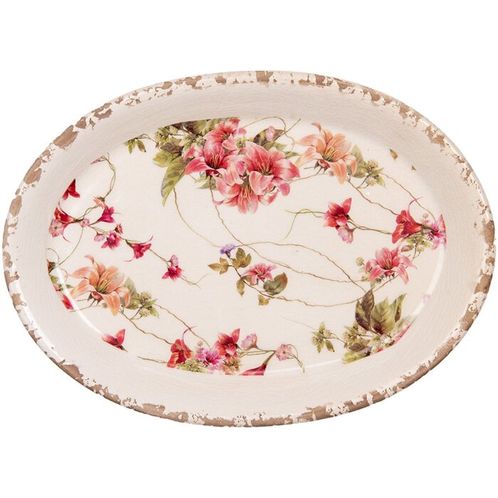 Clayre & Eef Talerz dekoracyjny 6CE2028 Ceramiczny beżowo-różowy 25x18x3 cm Vintage