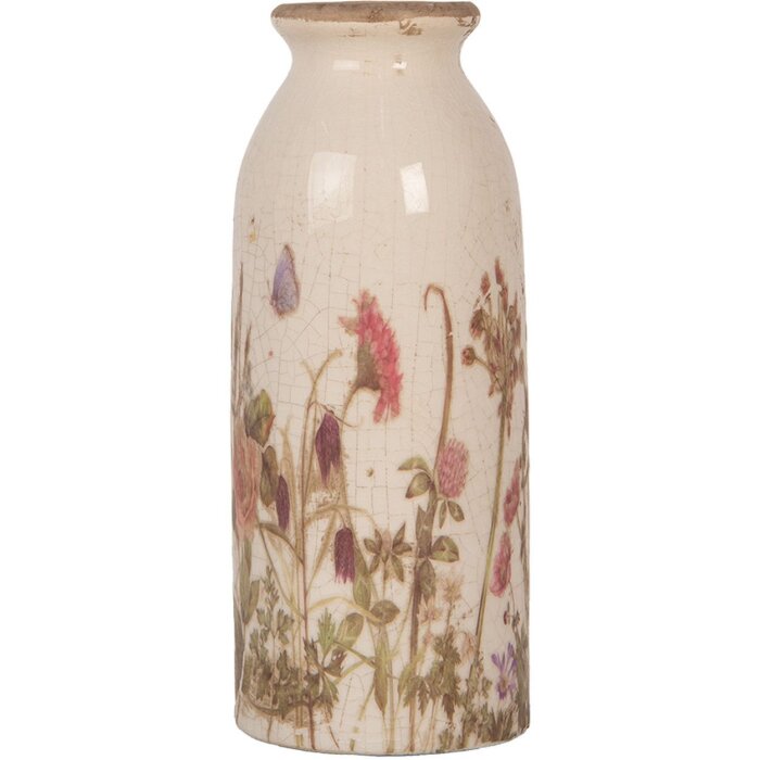 Clayre & Eef 6CE2029 Wazon ceramiczny Beżowy Różowy Zielony Ø8xH20cm Vintage Design