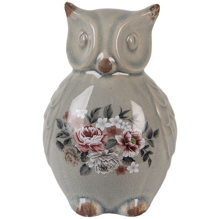 Clayre & Eef Dekoracyjna figurka ceramiczna sowa szaro-różowa 11x10x17 cm styl wiejski