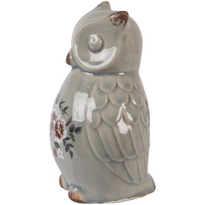 Clayre & Eef Dekoracyjna figurka ceramiczna sowa szaro-różowa 11x10x17 cm styl wiejski