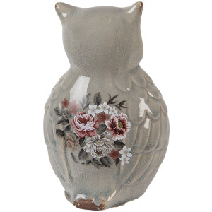 Clayre & Eef Dekoracyjna figurka ceramiczna sowa szaro-różowa 11x10x17 cm styl wiejski
