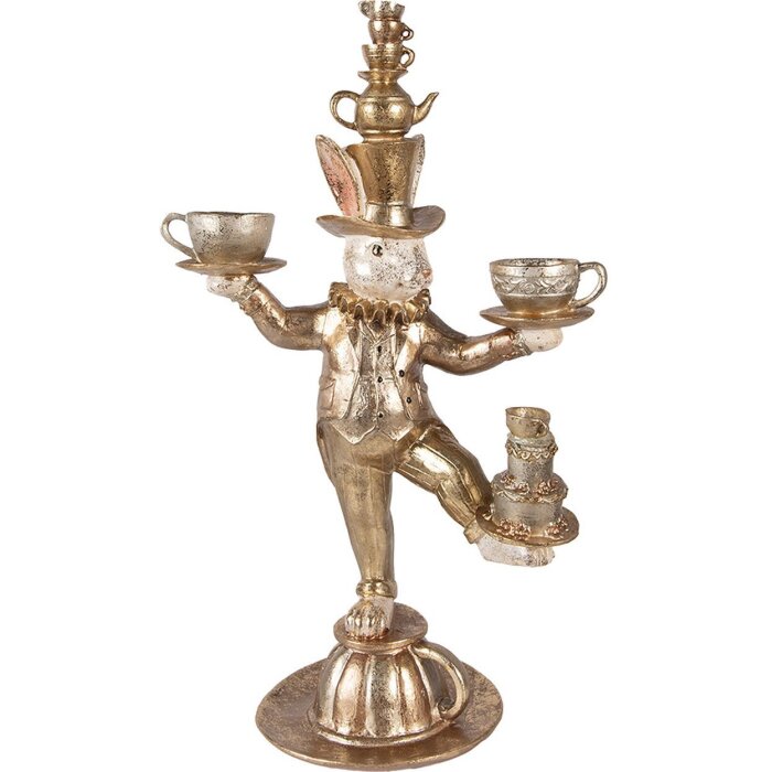 Clayre & Eef dekoracyjny królik złoty 35x22x58 cm polyresin z serwisem do herbaty