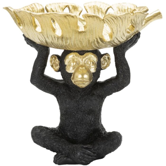 Mauro Ferretti figurka dekoracyjna małpka z liśćmi miska 25,2x21x24 cm czarne złoto