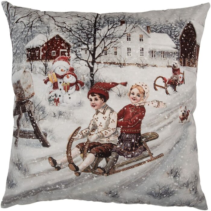 Clayre & Eef KT021.410 Poszewka na poduszkę szaro-czerwona 45x45 cm zimowy wzór wiejskiego domu