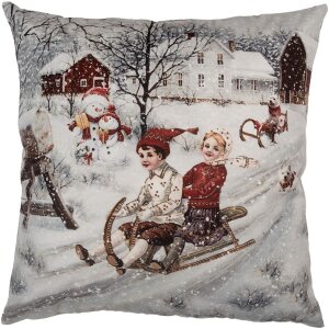 Clayre & Eef KT021.410 Poszewka na poduszkę szaro-czerwona 45x45 cm zimowy wzór wiejskiego domu