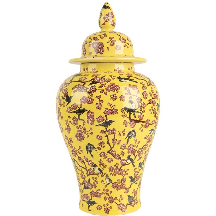 Clayre & Eef 6CE2140 Doniczka dekoracyjna z pokrywką Żółty kwiat wiśni Ø11x22 cm