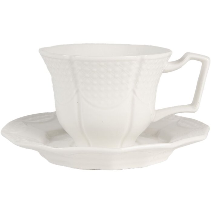 Clayre & Eef Filiżanka z Talerzykiem Biała 175 ml