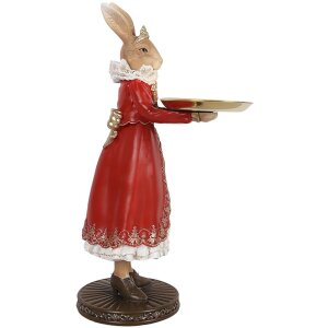 Clayre & Eef 6PR5359 Dekoracja Królik z miską Beżowy Czerwony Złoty 18x17x31 cm