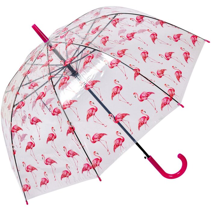 Juleeze JZUM0092 Parasol przezroczysty wzór flaminga 90 cm wytrzymała różowa rączka