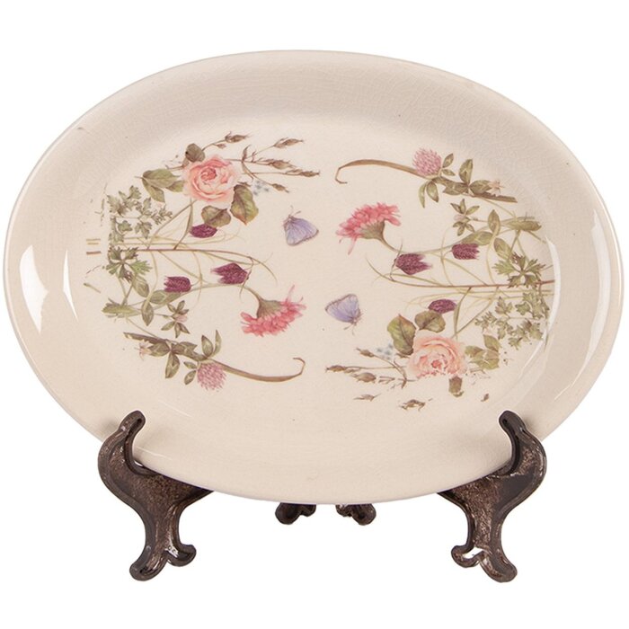 Clayre & Eef 6CE2030 Dekoracyjny Talerz Beżowo-Różowy 25x18 cm
